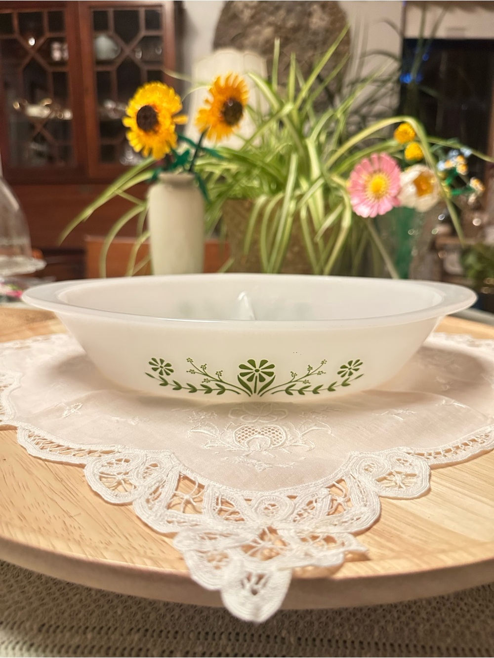 Vintage Glasbake Green Daisy Divided Casserole Serving Dish USA